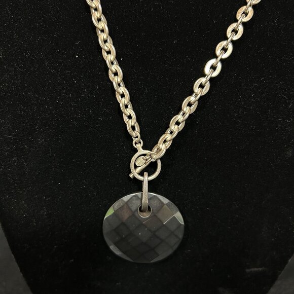 VTG ITAOR ITALY STERLING SILVER 925 NECKLACE CHAIN & FACETED ONYX ROUND PENDENT - Picture 2 of 11